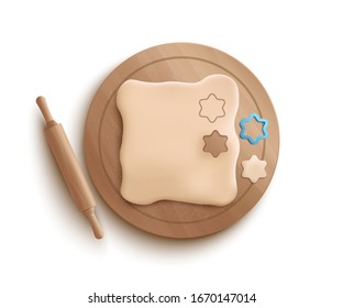 Isolated rolled cookie dough with cute heart and star cookie cutter shapes and realistic wooden rolling pin seen from top view - vector illustration on black background