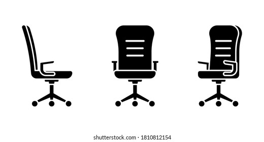 Isolated rolling office chair vector illustration icon pictogram set. Front, side view silhouette