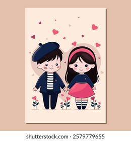 isolated romantic couple on the beige background with hearts in flat cute style. vector card with sweet couple. vector template for valentine's day in flat style. vector flat art