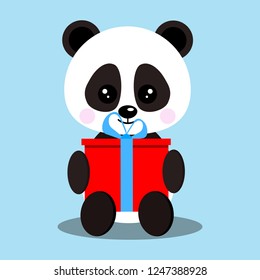 Isolated romantic cute baby panda bear in sitting pose with red gift and blue bow. Chinese symbol.Adorable funny character. Vector illustration in cartoon flat style.