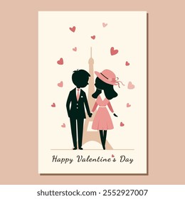 isolated romantic cute couple on the beige background in minimalist style. vector card with black silhouettes of boy and girl. vector template for valentine's day in flat style. vector flat art