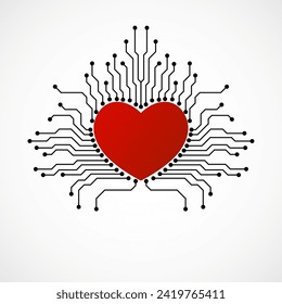 Isolated romantic heart red love with circuit board isolated on white background. Valentines day