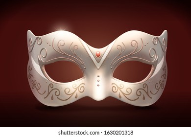 Isolated romantic silver mask with golden curved line and red gem, 3d illustration