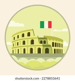 Punto de referencia de coliseo de roma aislada con bandera de Italia postal de viaje Vector