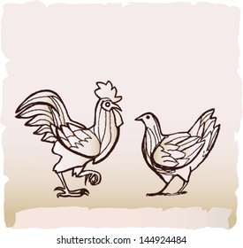 isolated rooster and hen on white paper background