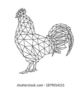 Isolated rooster in low poly style on white background. A polygonal illustration of an poultry consisting of triangles. Geometric design for the logo, for printing on clothes or poster. Vector.