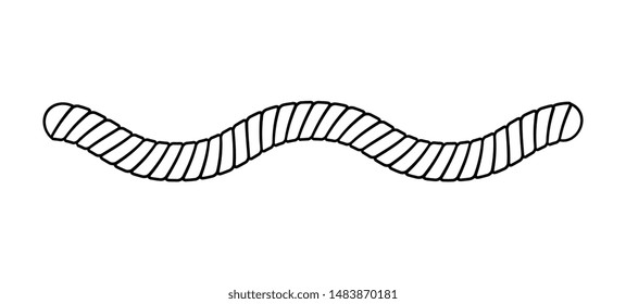 Isolated rope wave vector illustration, short marine fiber cord part in wavy line, simple black and white border decoration for nautical theme, cartoon drawing of twisted cable