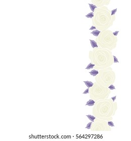 Isolated rose flowers with copy space (place for your text) in beige and violet colors. Vertical vector seamless floral border.