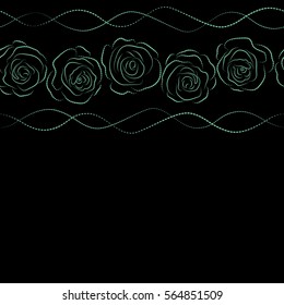 Isolated rose flowers with copy space (place for your text) in black and green colors. Horizontal vector seamless floral border.