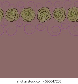 Isolated rose flowers with copy space (place for your text) in neutral and violet colors. Horizontal vector seamless floral border.