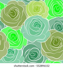 Isolated rose flowers in green colors. Vector seamless floral border.