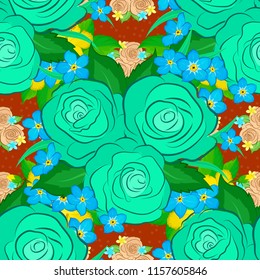 Isolated rose flowers in orange, blue and green colors. Vector seamless floral border.