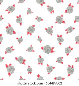Isolated rose flowers in red and gray colors on a white background. Vector seamless floral border.