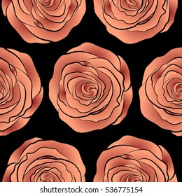Isolated rose flowers in red and orange colors on a black background. Vector seamless floral border.