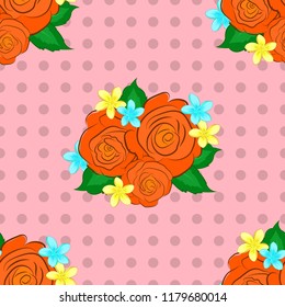 Isolated rose flowers in yellow, green and orange colors. Vector seamless floral border.