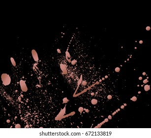 Isolated Rose Gold Watercolor Ink Splatter On Black Background. Grunge Texture, Vector Illustration