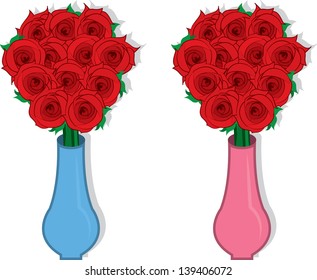 Isolated roses in blue and pink vases 