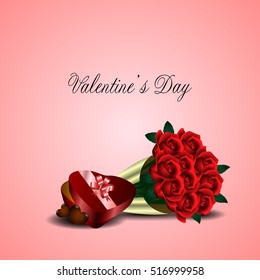 Isolated roses with a box of chocolates, Valentine day vector illustration