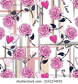 isolated roses and hearts pattern on abstract plaid Background 