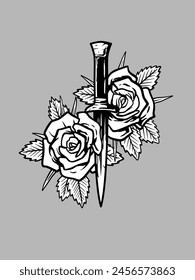 isolated roses and knife vector illustration. black and white outline. line work.