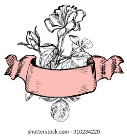 Isolated roses with old styled ribbon