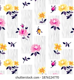 isolated Roses print pattern with decorative stripes and flowers,ditsy flower