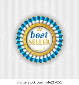 Isolated rosette, medal, colors white, blue, golden shapes - stars, twig with leaves, crown, text Best Seller, bright striped background