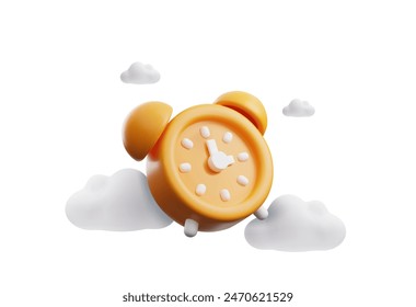 Isolated round 3D alarm clock in orange color in the clouds in a minimalistic design. Vector rendering of a vintage-style clock with hands on a white background.