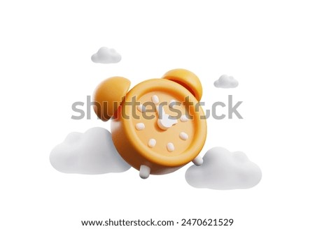 Isolated round 3D alarm clock in orange color in the clouds in a minimalistic design. Vector rendering of a vintage-style clock with hands on a white background.