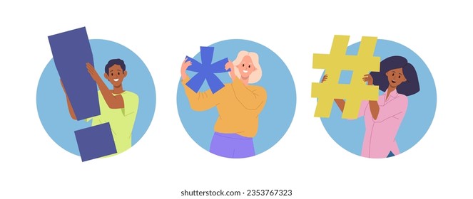 Isolated round avatar composition with happy people cartoon character holding punctuation mark