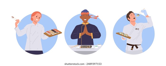 Isolated round avatar composition set with professional sushi master chef cartoon people character