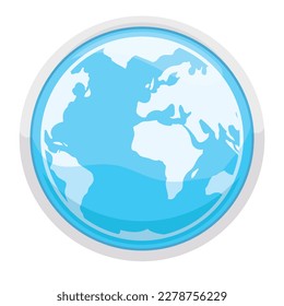Isolated round badge with silver frame, pale blue interior and globe silhouette inside in gradient effect.