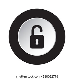 isolated round black and white button with black open padlock icon