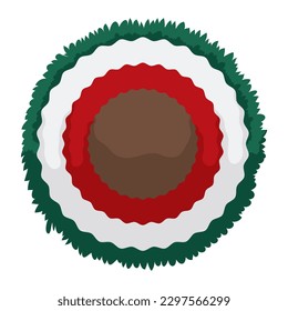 Isolated round button made with colorful foliage with Mexican colors: green, white, red and brown in cartoon style.