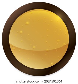 Isolated round buttons with brown frame and glossy circle with blond beer or liquid and bubbles.