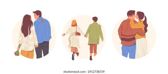 Isolated round composition with back view of young people lovers walking spending time together