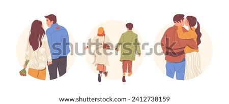 Isolated round composition with back view of young people lovers walking spending time together