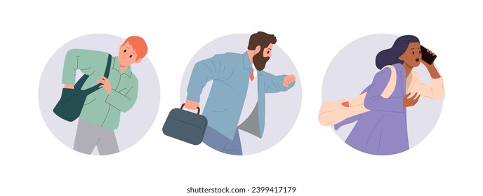 Isolated round composition of busy stressed emotional people being late having deadline failure