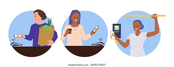 Isolated round composition with diverse people cartoon characters using contactless services in life