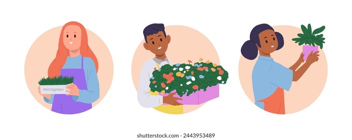 Composición redonda aislada con personajes de niños felices que sostienen microvegetales, flores, plantas domésticas