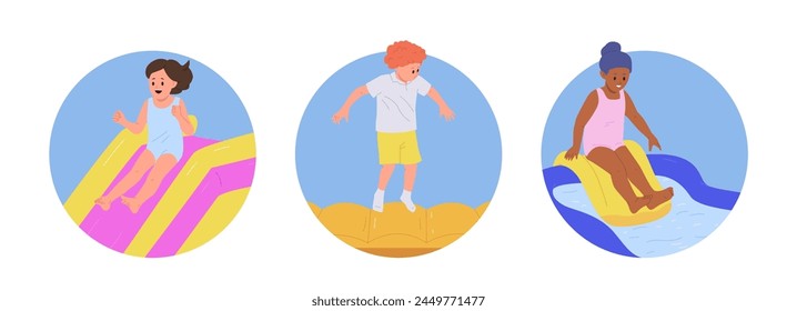 Isolated round composition with happy children cartoon characters having fun time at mini attraction