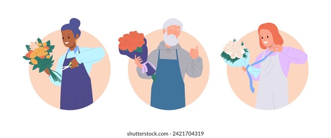 Composición redonda aislada con un hombre y una mujer felices y experimentados personajes de dibujos animados en el trabajo