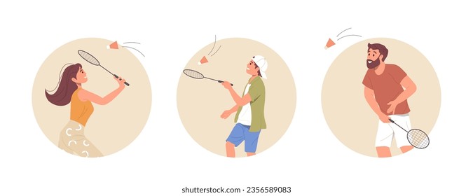 Isolated round composition with happy people cartoon character with racket playing badminton