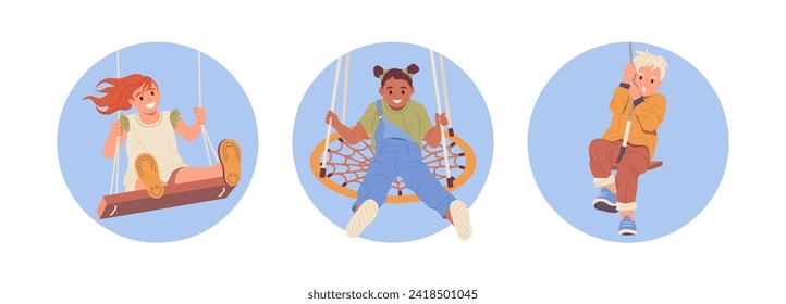 Isolated round composition with happy playful children cartoon characters physical activity on swing