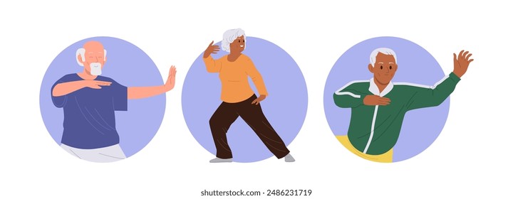 Isolated round composition se with happy healthy active retired man and woman practicing tai chi