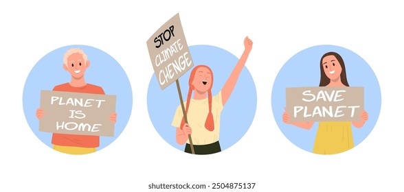 Isolated round composition set with diverse people eco activists with placard vector illustration