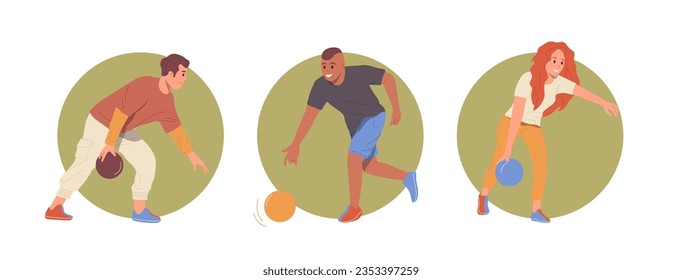 Isolated round composition set of happy male and female cartoon characters playing bowling