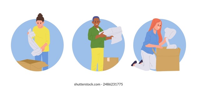 Isolated round composition set with happy people packing cardboard boxes moving to a new house