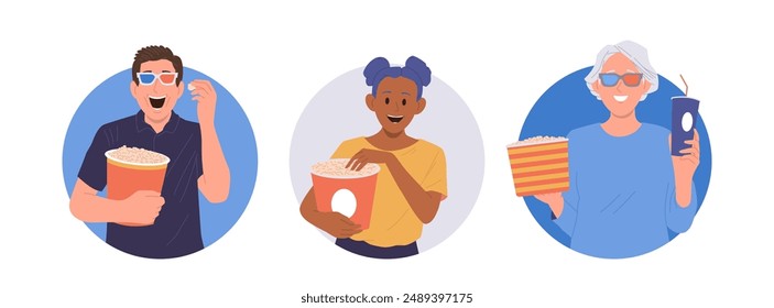 Isolated round composition set with happy people cartoon characters watching cinema eating popcorn