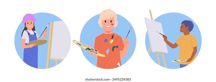 Isolated round composition set with happy children artists cartoon characters creating pictures